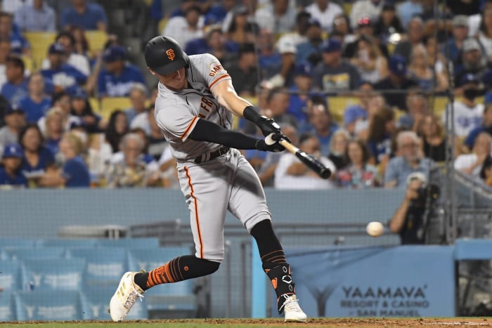 SF Giants center fielder Bryce Johnson (58) gets a hit. (2022)